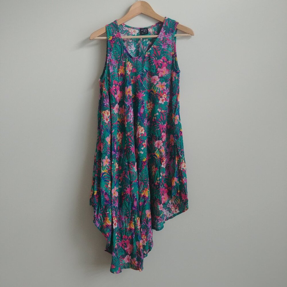 Arafi ONE SIZE asymmetrical sleeveless teal green pink floral sleeveless dress